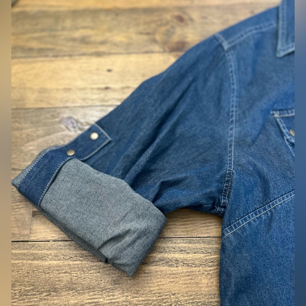 i. e Relaxed Woman Denim Snap Button Western Shirt Dark Wash Long Sleeve Utility - Picture 12 of 15